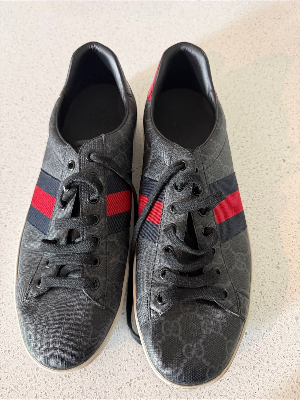 AUTHENTIC Gucci Men's Black Sneakers with Red and Navy Web Stripe